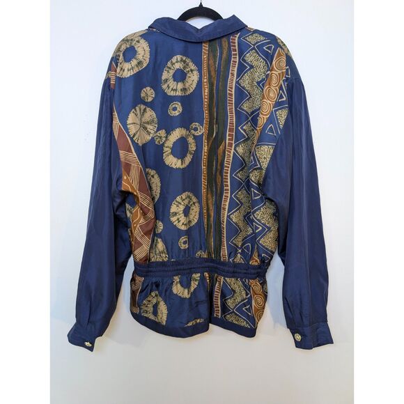 Vintage 80s Silk Windbreaker Jacket Abstract Print Blue Gold Lightweight M Retro - Picture 4 of 8
